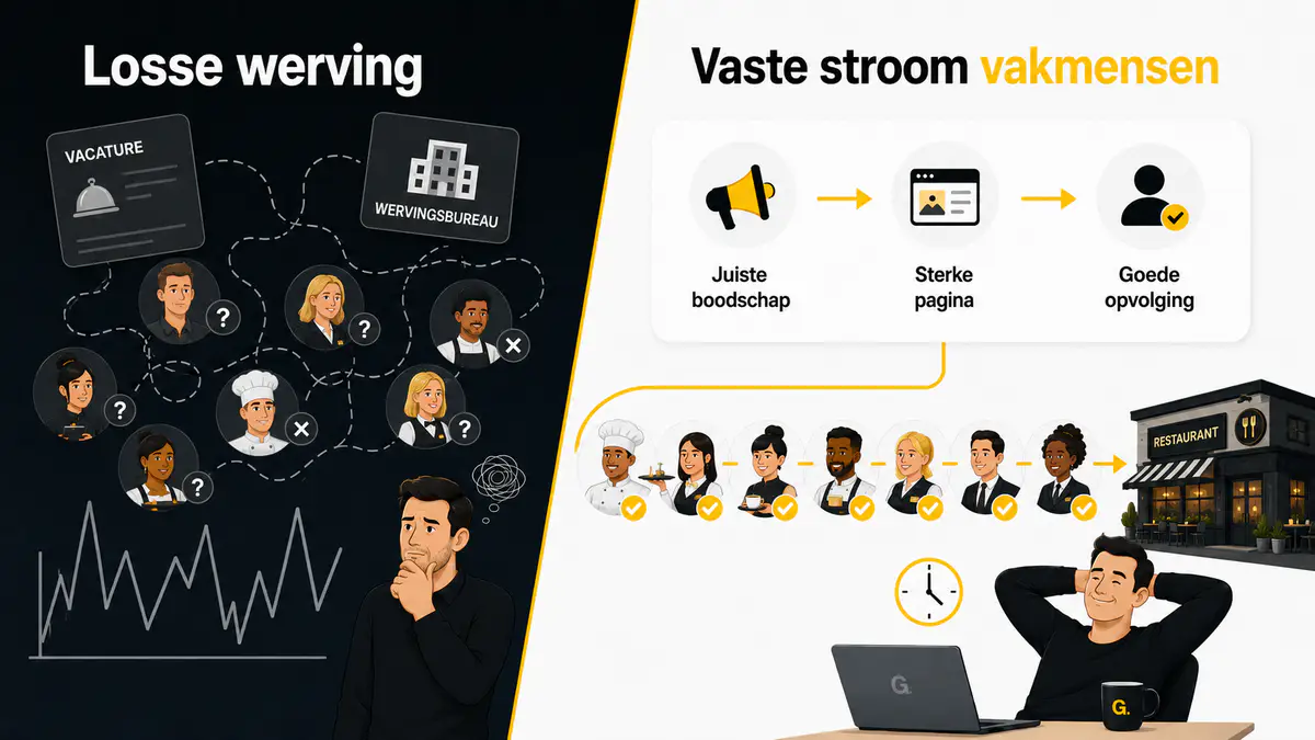 Links losse werving met verspreide vacatures en bureaus; rechts een vaste stroom via de juiste boodschap, een sterke pagina en goede opvolging.
