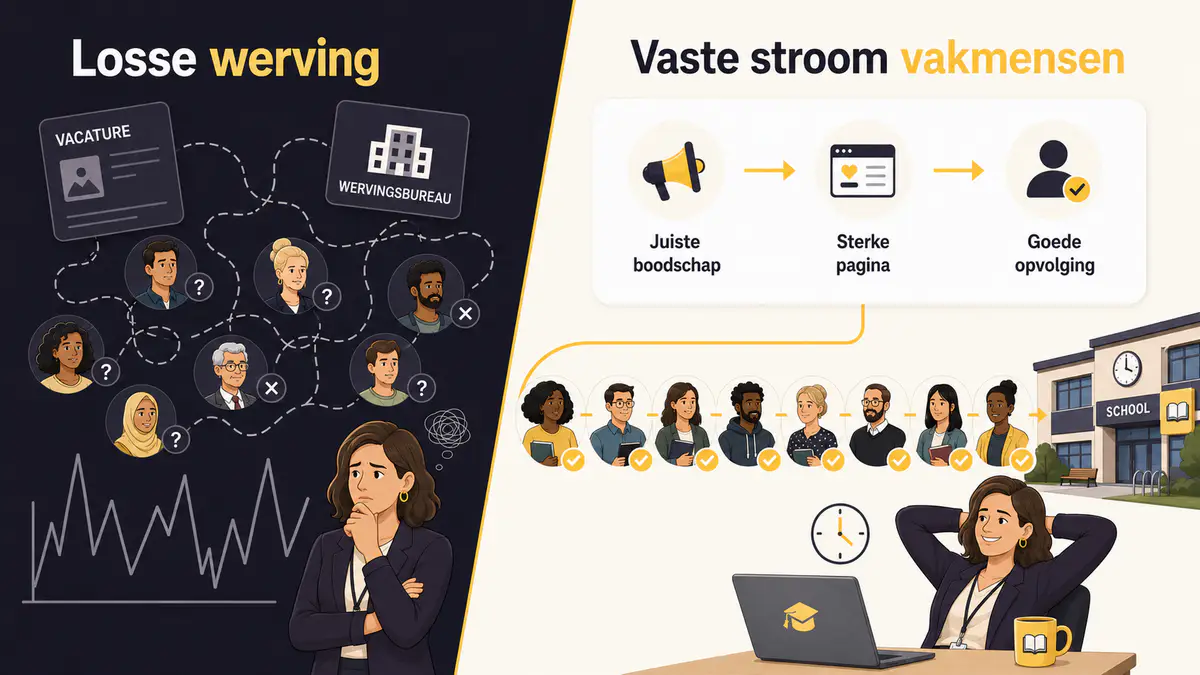Links losse werving met verspreide vacatures en bureaus; rechts een vaste stroom via de juiste boodschap, een sterke pagina en goede opvolging.