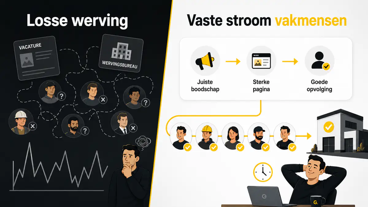 Links losse werving met verspreide vacatures en bureaus die niet leiden tot geschikte mensen; rechts een vaste stroom vakmensen via de juiste boodschap, een sterke pagina en goede opvolging.